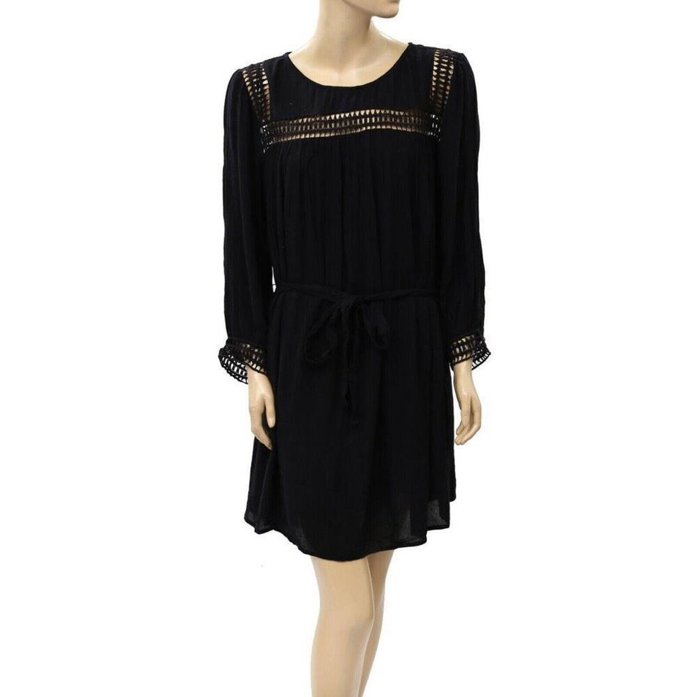 Lucky Brand Rayon Geo Crochet Lace Shift Dress Baby Doll Black‎ S
